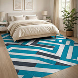 Blue and Teal Teal Geometric Maze Area Rug