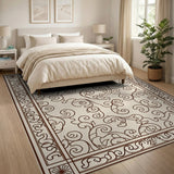 Cream Floral Scroll Rug with Ornate Vine Border