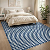 ODIKA Washable Blue Gingham Checkered Rug - Non-Slip Low Pile Area Rug