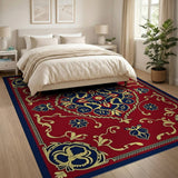 Elegant Red Persian Area Rug with Navy Gold