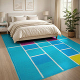 Vibrant Teal Grid Geometric Area Rug