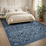 Blue and Teal Navy Blue Geometric Tribal Area Rug