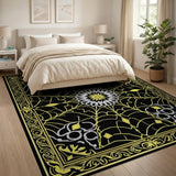 Intricate Black Web Floral Gold Border Rug