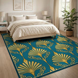 Teal Art Deco Gold Fan Palm Area Rug