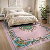 Ornate Pink Mandala Area Rug in Teal Gold