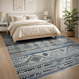 Indigo Blue Tribal Geometric Fringe Area Rug