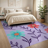 Teal Coral Daisy Blooms on Purple Area Rug