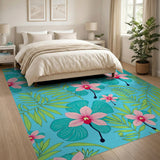 Pink Orchid Palm Leaf Teal Blue Area Rug