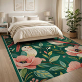 Pink Parrots Floral Leaves Green Area Rug
