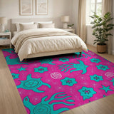 Whimsical Teal Sea Turtles on Vibrant Pink Area Rug