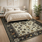 Ivory Traditional Persian Area Rug with Black Border