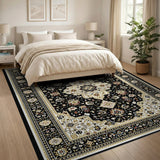 Black Persian Area Rug with Ivory Medallion