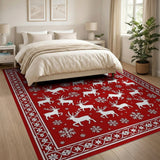 Festive Reindeer Snowflake Red Area Rug