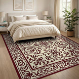 Ornate Cream Field Persian Area Rug with Red Border