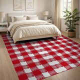 Red White Checkered Distressed Vintage Area Rug