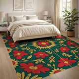 Vibrant Red Floral on Emerald Green Area Rug