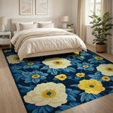 Navy Peony Floral Area Rug with Yellow Blooms