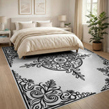Ornate Black White Persian Floral Border Rug