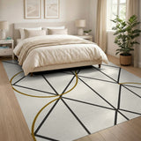 Modern Black Diamond Grid Rug with Gold Swirls