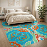Vibrant Teal Orange Geometric Mandala Area Rug