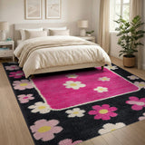 Retro Pink White Daisy Floral Area Rug
