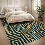 Teal Geometric Maze Beige Area Rug