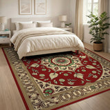 ODIKA Washable Traditional Oriental Area Rug - Non-Slip Low Pile Red Medallion Carpet