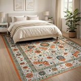 Ivory Persian Area Rug with Orange Floral Motifs