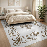 Brown and Tan Ornate Floral Frame Brown Area Rug