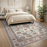 Cream Pink Traditional Persian Floral Rug