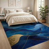 ODIKA Washable Abstract Blue and Gold Area Rug - Low Pile Non-Slip Contemporary Carpet