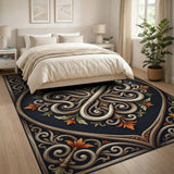 Ornate Ivory Swirl Floral Navy Area Rug