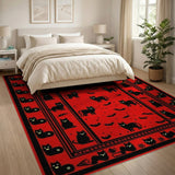 Spooky Black Cat Bat Halloween Red Rug