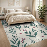 Teal Leaves Pink Flowers Cream Area Rug