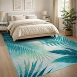 ODIKA Washable Teal Tropical Palm Leaf Area Rug - Low Pile Non-Slip Rug
