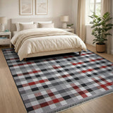 Red Grey Plaid Check Area Rug