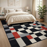 Modern Geometric Abstract Area Rug Black White Red