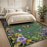 ODIKA Washable Vintage Floral Butterfly Green Area Rug - Low Pile Non-Slip Carpet