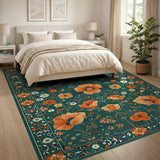 Teal Green Orange Poppy Persian Area Rug