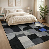 Modern Geometric Abstract Rug in Black, Grey Blue