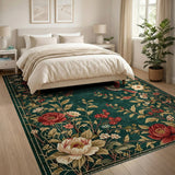Emerald Green Vintage Floral Bird Rug