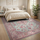 Teal Blush Pink Persian Floral Medallion Rug