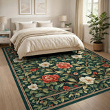 Emerald Green Peony Floral Vintage Rug