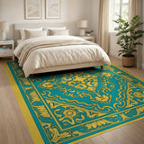 Teal Persian Area Rug with Gold Ornate Borders