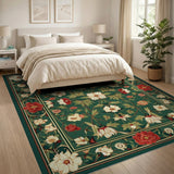 Green Floral Vintage Rug with Red Peonies