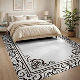 Ornate Floral Black White Border Area Rug