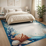 ODIKA Coastal Ocean Shells Washable Area Rug - Low Pile Non-Slip Nautical Mat