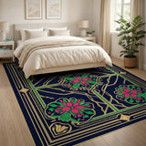 Navy Persian Floral Rug with Pink Blooms Gold Accents