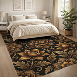 Luxury Gold Peony Floral Area Rug on Black