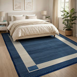 Navy Blue Woven Area Rug with Ivory Frame